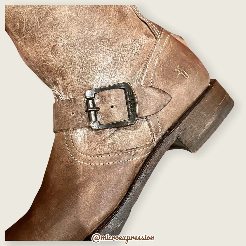 $399 Frye Veronica Slouch Tan Brown Tan Leather Engineer Moto Tall Buckle Boot